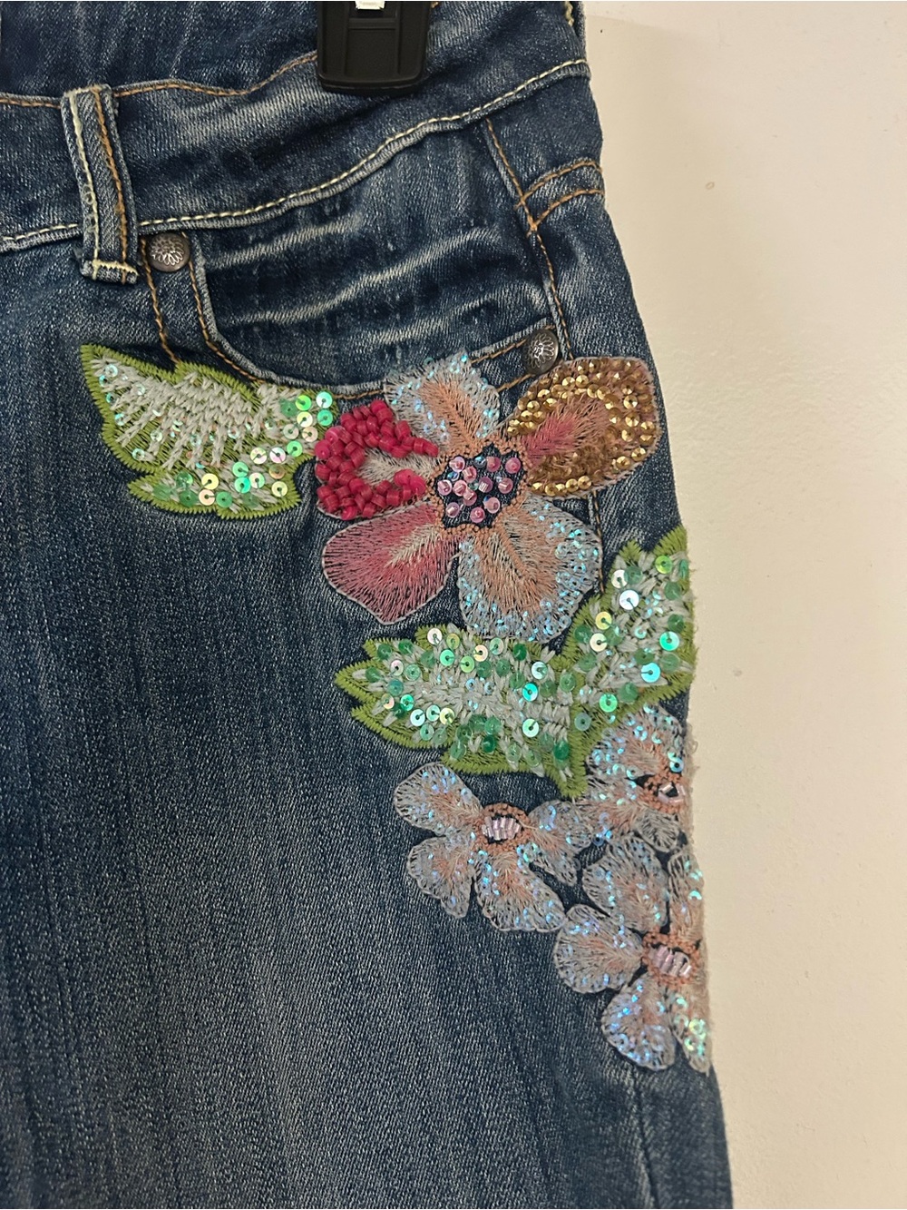 Cache Blue Denim Boot Cut Jeans with Floral Sequin Embroidery
